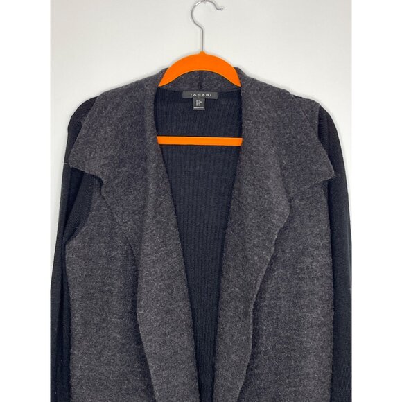 Tahari Black Gray Color Block Open Front Cardigan Wool Collared Size Large - Picture 2 of 9